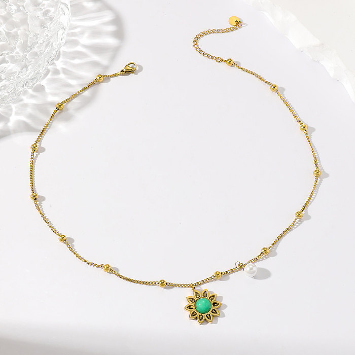1 böhmische Echtgold-Galvanik-Türkis-Blumen-Halskette, modische florale Perlenkette für Damen