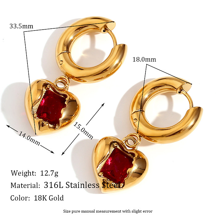 1 par de pendientes colgantes chapados en oro de 18K con incrustaciones de circonita de acero inoxidable con forma de corazón de estilo Vintage de estilo Simple
