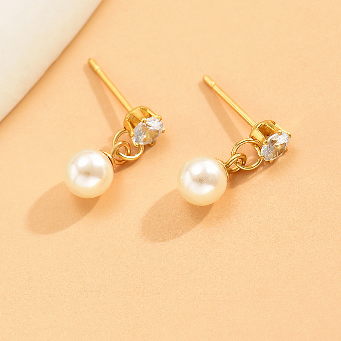 1 Pair Casual Sweet Commute Pearl Plating Inlay Stainless Steel  Zircon 18K Gold Plated Drop Earrings