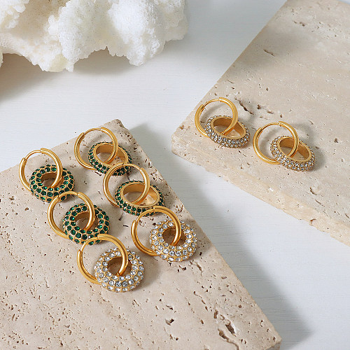 Boucles d'oreilles pendantes élégantes et luxueuses, 1 paire, Double anneau plaqué, incrustation de strass en acier inoxydable, plaqué or 18 carats
