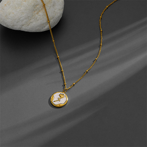 Casual Vintage Style Flower Stainless Steel Plating Inlay Shell 18K Gold Plated Pendant Necklace
