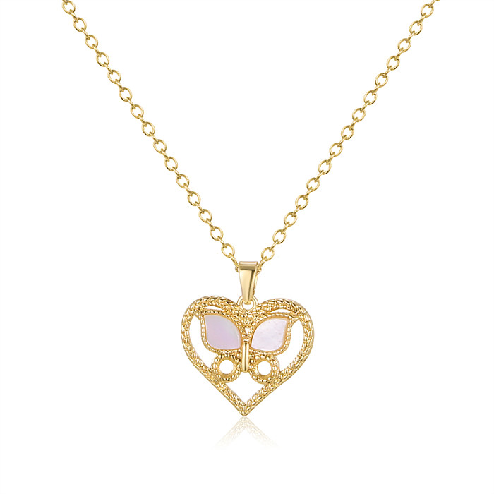 Romantic Simple Style Heart Shape Butterfly Stainless Steel  Plating 18K Gold Plated Pendant Necklace