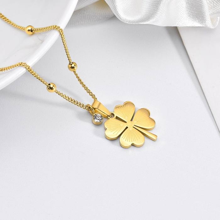 Simple Style Four Leaf Clover Stainless Steel Plating Inlay Rhinestones 18K Gold Plated Pendant Necklace