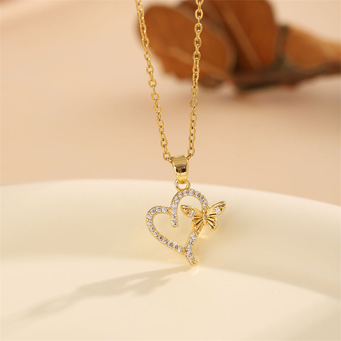 Simple Style Heart Shape Stainless Steel  Stainless Steel Plating Zircon 18K Gold Plated Necklace