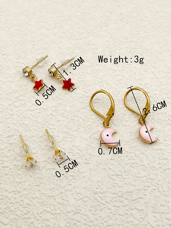1 Set Casual Sweet Simple Style Star Moon Enamel Plating Inlay Stainless Steel  Artificial Pearls Zircon Gold Plated Ear Studs