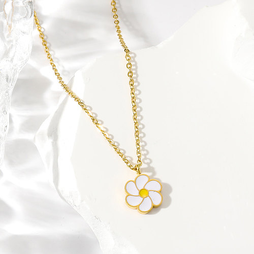 Basic Sweet Daisy Stainless Steel  Enamel Plating 18K Gold Plated Pendant Necklace
