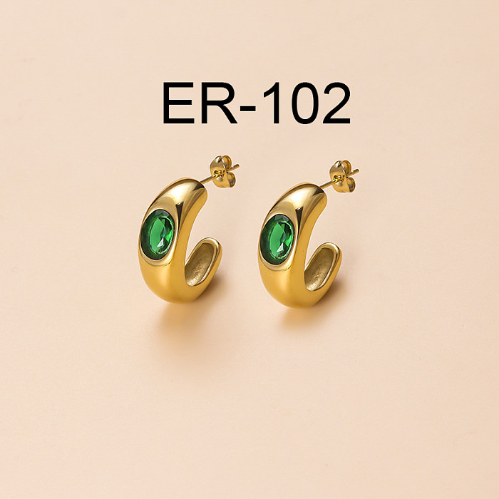 INS European And American New Retro Geometric Emerald Zircon Gold-Plated Stainless Steel  Earrings Special-Interest Design Stainless Steel Fashion Earrings
