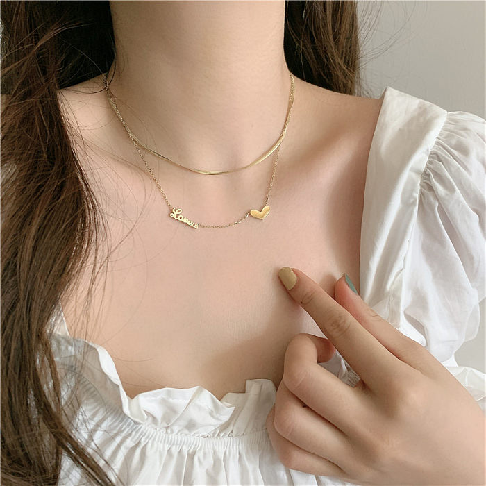Collar de cadena de clavícula corta de acero inoxidable coreano, chapado en oro, doble capa con letras de amor, joyería al por mayor