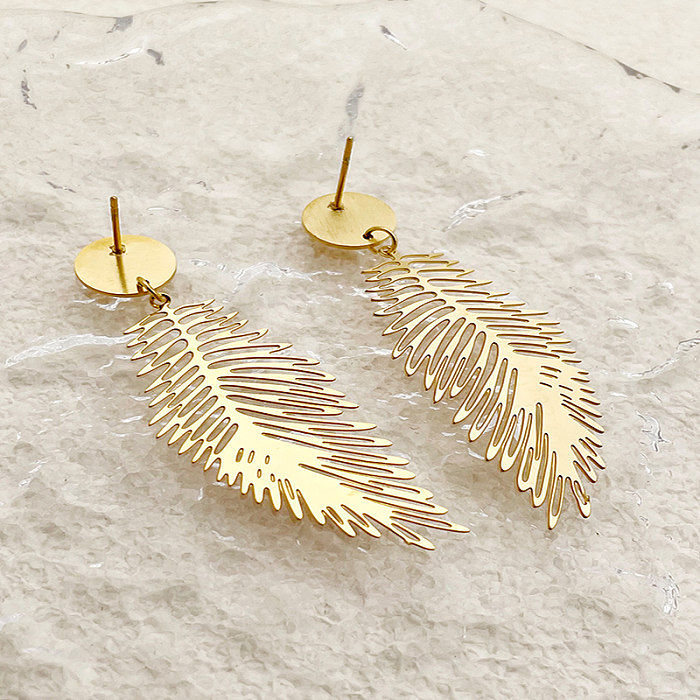 1 Pair Casual Elegant Vintage Style Feather Polishing Plating Hollow Out Stainless Steel  Gold Plated Drop Earrings