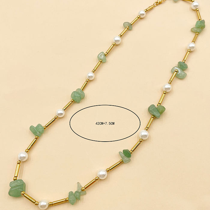 Collier en pierre naturelle avec perles géométriques en acier inoxydable, à la mode