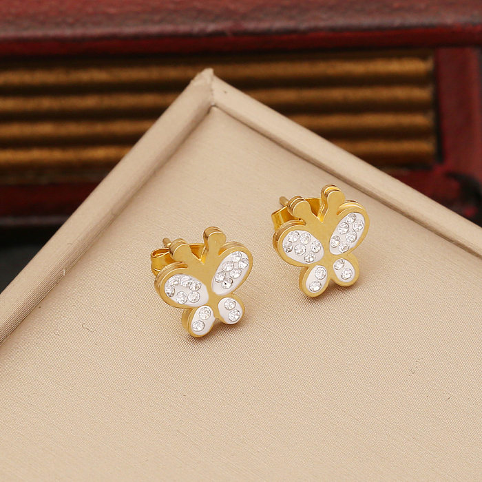Boucles d'oreilles papillon en forme de cœur, plaqué acier inoxydable, strass, 1 paire
