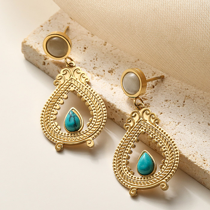 1 Pair Lady Streetwear Sun Heart Shape Plating Inlay Stainless Steel Turquoise 18K Gold Plated Drop Earrings