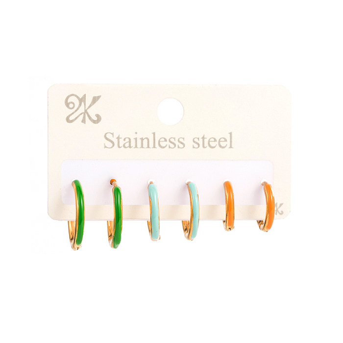Hip-Hop Round Stainless Steel  Enamel Earrings 1 Set