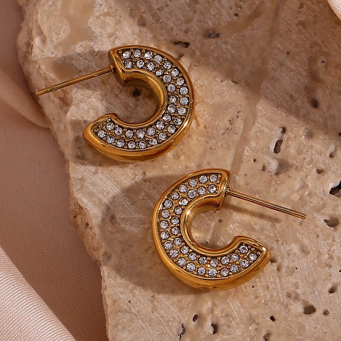 1 Pair Basic Vintage Style Classic Style C Shape Stainless Steel  Plating Inlay Rhinestones 18K Gold Plated Ear Studs