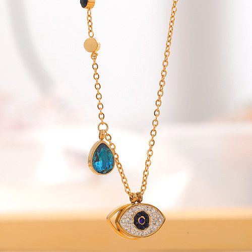 Retro Classic Style Tree Eye Stainless Steel Enamel Plating Hollow Out Rhinestones Zircon Gold Plated Necklace