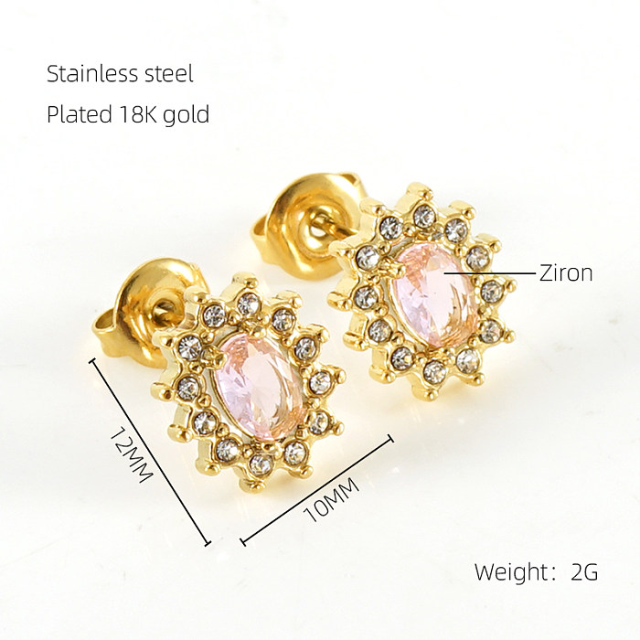 1 Pair Glam Sun Water Droplets Heart Shape Stainless Steel  Inlay Rhinestones Zircon 18K Gold Plated Ear Studs