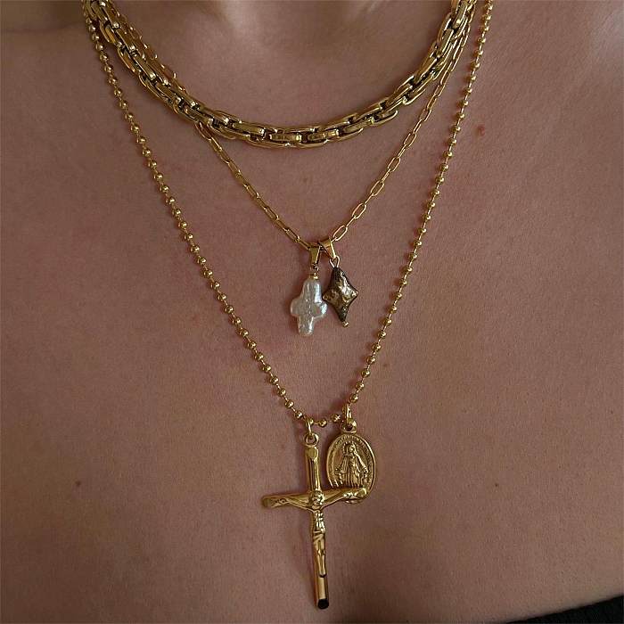 Retro estilo romano cruz pérola de água doce chapeamento de aço inoxidável colar com pingente banhado a ouro 18K