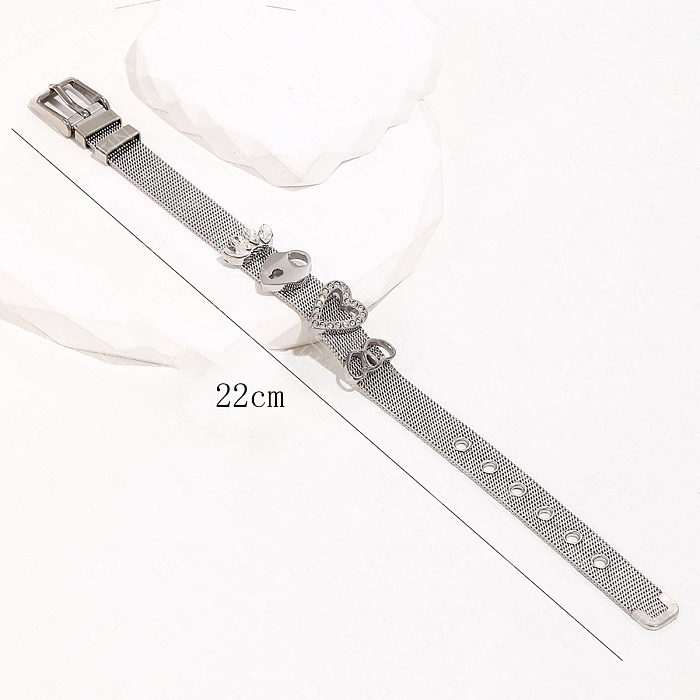Luxurious Heart Shape Lock Stainless Steel Patchwork Inlay Artificial Diamond Bangle 1 Piece
