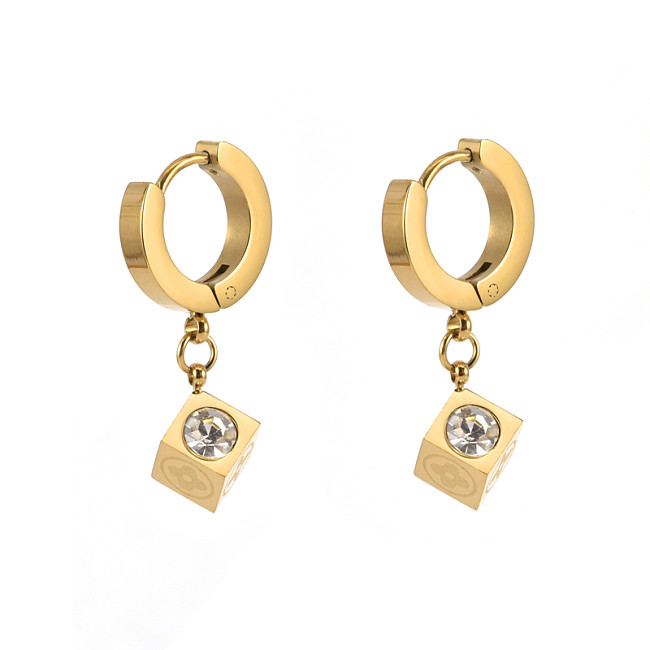 1 Pair IG Style Simple Style Four Leaf Clover Rubik'S Cube Asymmetrical Plating Inlay Stainless Steel Zircon Drop Earrings