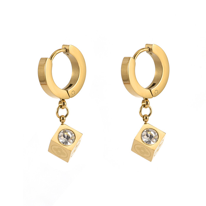 1 Pair IG Style Simple Style Four Leaf Clover Rubik'S Cube Asymmetrical Plating Inlay Stainless Steel Zircon Drop Earrings