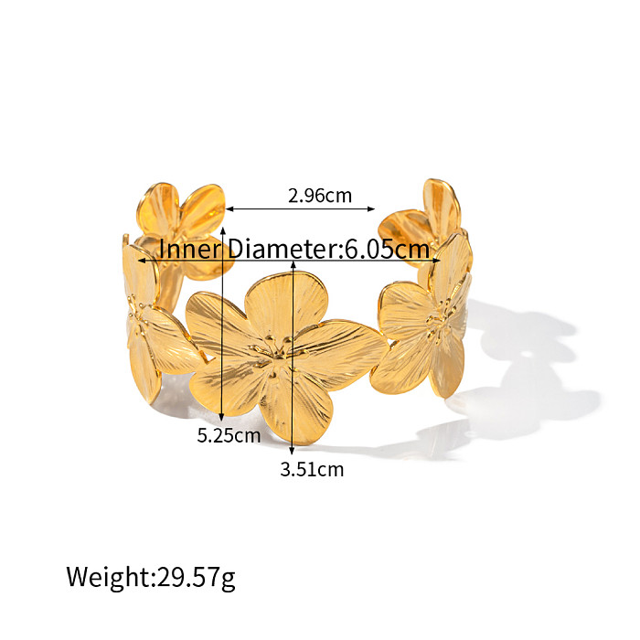 Vintage Style Leaves Flower Butterfly Stainless Steel Asymmetrical 16K Gold Plated Bangle