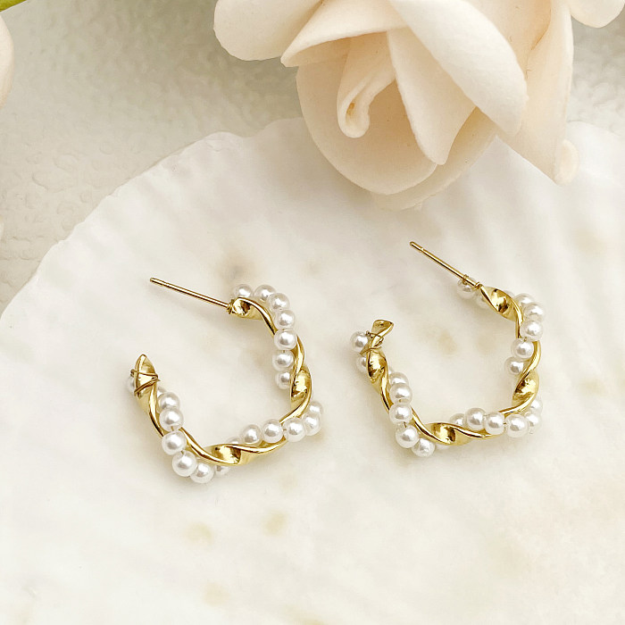 1 Pair Simple Style Commute Twist Beaded Plating Stainless Steel  Artificial Pearl Gold Plated Ear Studs