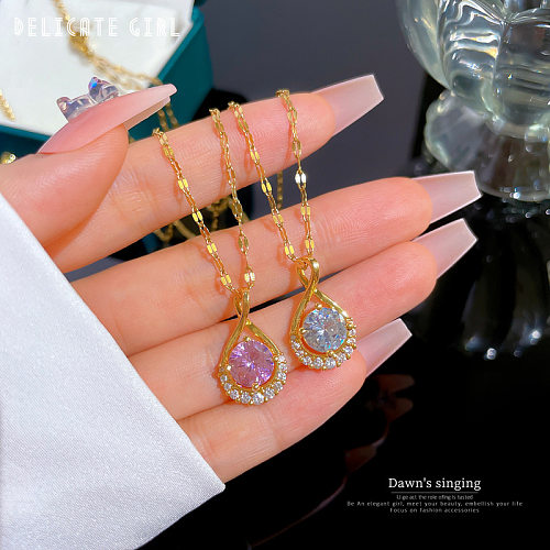 Fashion Water Droplets Stainless Steel Copper Plating Inlay Zircon Pendant Necklace