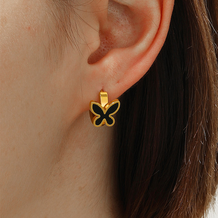 1 Pair Sweet Maple Leaf Heart Shape Butterfly Stainless Steel  Plating Inlay Shell Gold Plated Hoop Earrings