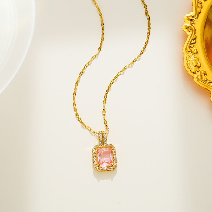 Elegante, schlichte, quadratische Halskette mit Anhänger aus Edelstahl mit Inlay-Zirkon und 18-Karat-Vergoldung