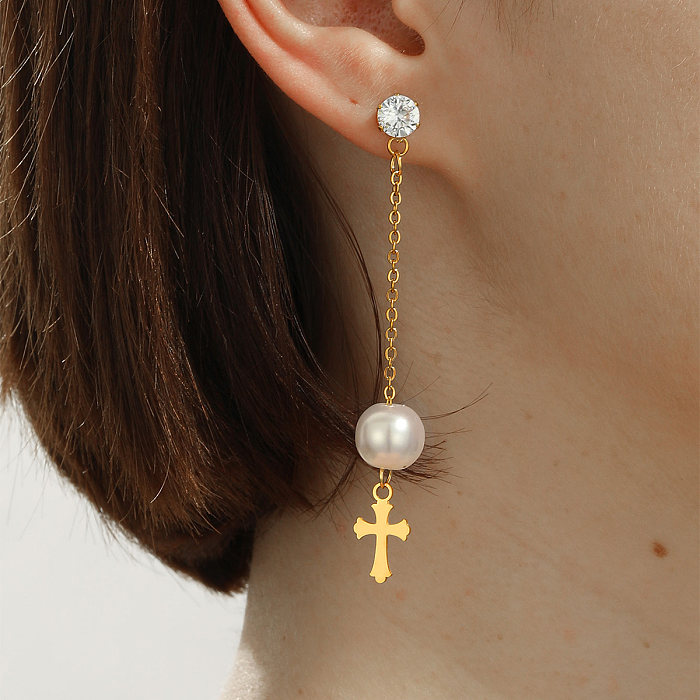 1 Pair Simple Style Cross Maple Leaf Heart Shape Stainless Steel  Plating Inlay Pearl Zircon Gold Plated Earrings