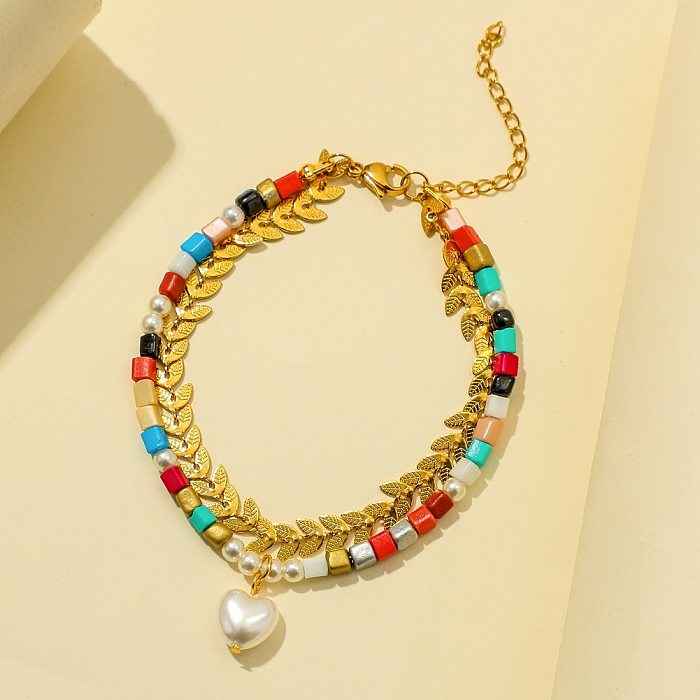 Simple Double-layer Heart Pearl Color Stone Titanium Steel Bracelet