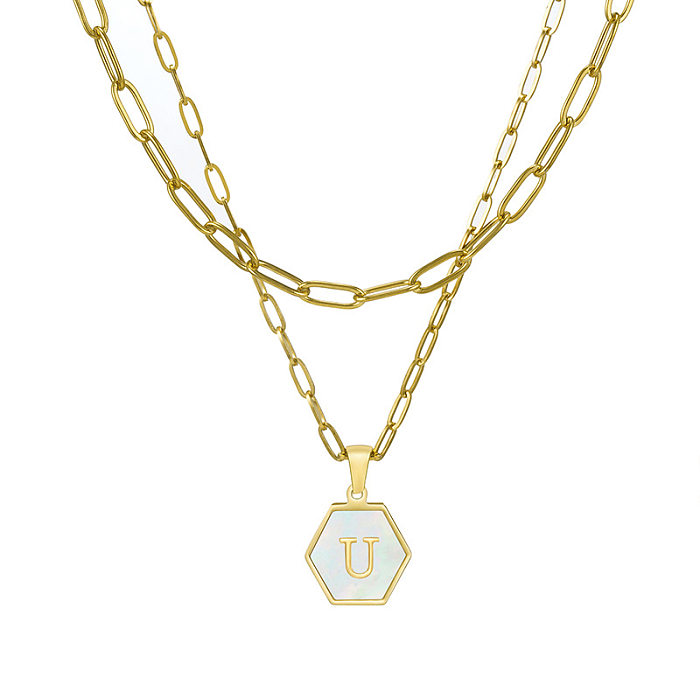 Fashion Hexagon Letter Stainless Steel  Layered Necklaces Gold Plated Shell Stainless Steel  Necklaces