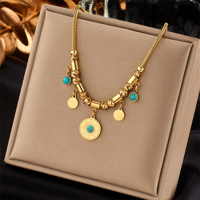 Fashion Round Stainless Steel Plating Inlay Turquoise Pendant Necklace 1 Piece