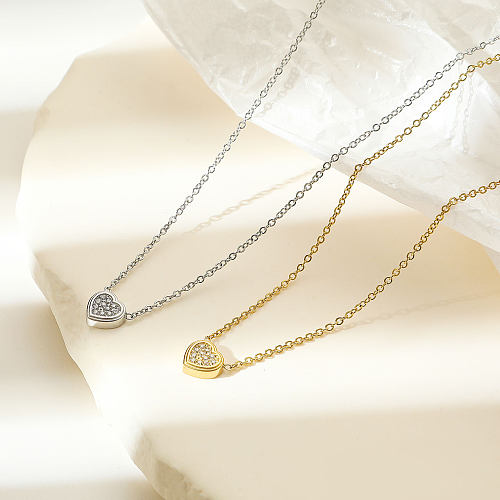 Estilo simples forma de coração chapeamento de aço inoxidável incrustação zircão branco banhado a ouro pingente colar
