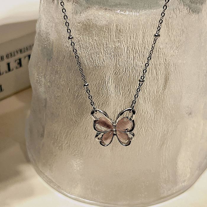 Collier pendentif en Zircon avec incrustation de placage en acier inoxydable papillon doux