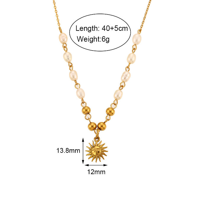 Retro Sun Stainless Steel  Plating Pearl Pendant Necklace