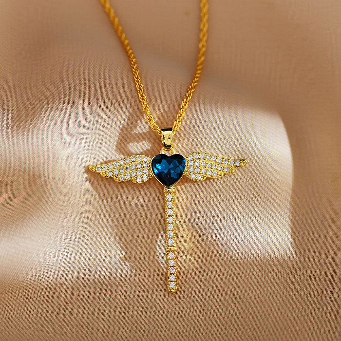 Casual Simple Style Heart Shape Wings Stainless Steel Copper Plating Inlay Zircon Pendant Necklace