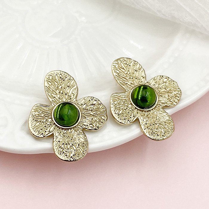 1 Pair Vintage Style Commute Flower Plating Inlay Stainless Steel  Artificial Gemstones Gold Plated Ear Studs