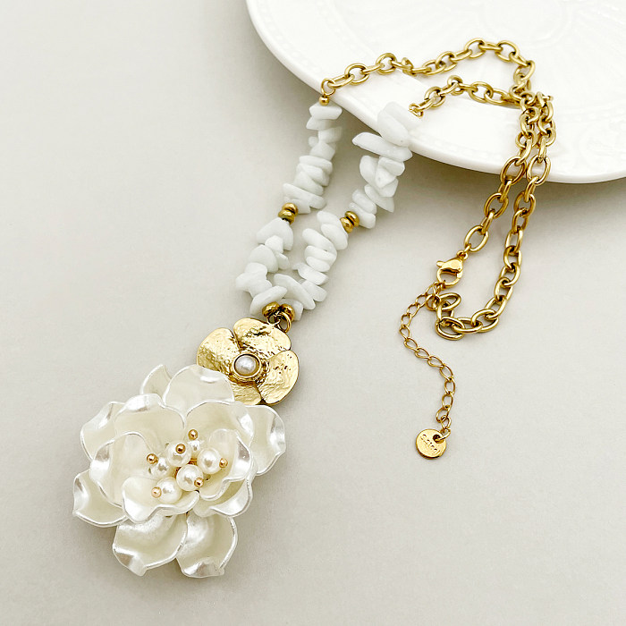 IG Style Casual Flower Stainless Steel  Shell Beaded Plating Inlay Pearl Gold Plated Pendant Necklace