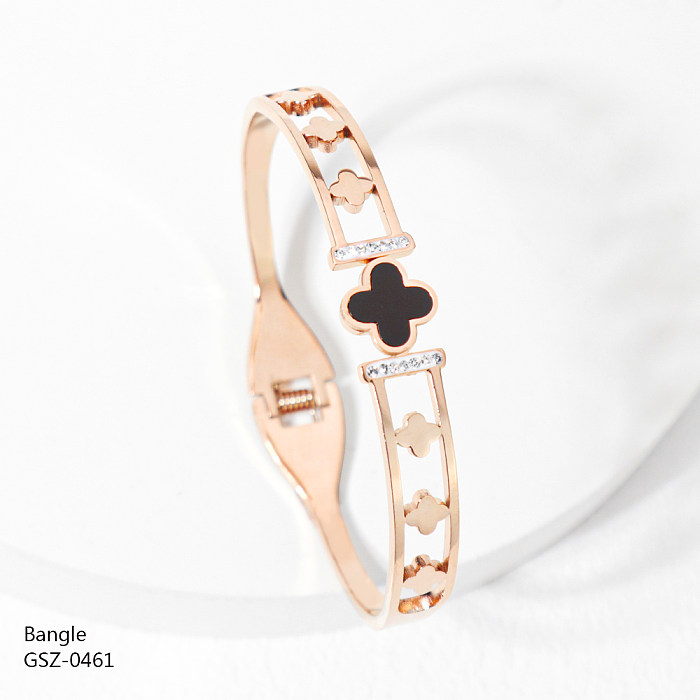 Simple Style Four Leaf Clover Stainless Steel Plating Hollow Out Inlay Rhinestones Rose Gold Plated Gold Plated Silver Plated Bangle