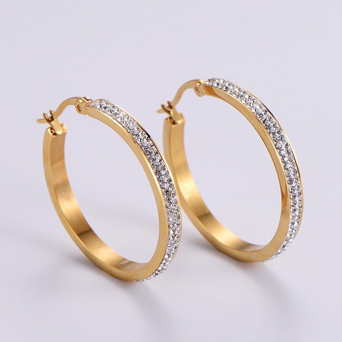 Gold Round Stick Diamond Women's Simple Stainless Steel  Ear Hoop Jewelry