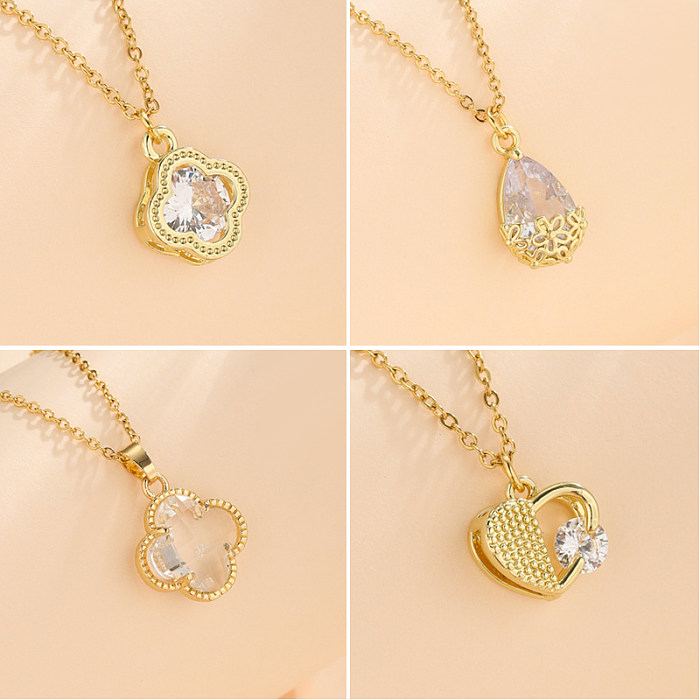 1 Piece Korean Style Four Leaf Clover Water Droplets Heart Shape Stainless Steel  Stainless Steel Plating Inlay Zircon Pendant Necklace