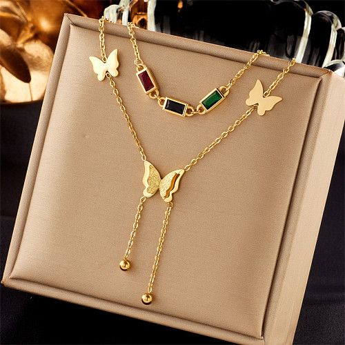 Vintage Style Tassel Butterfly Stainless Steel  Plating Inlay Rhinestones 18K Gold Plated Layered Necklaces