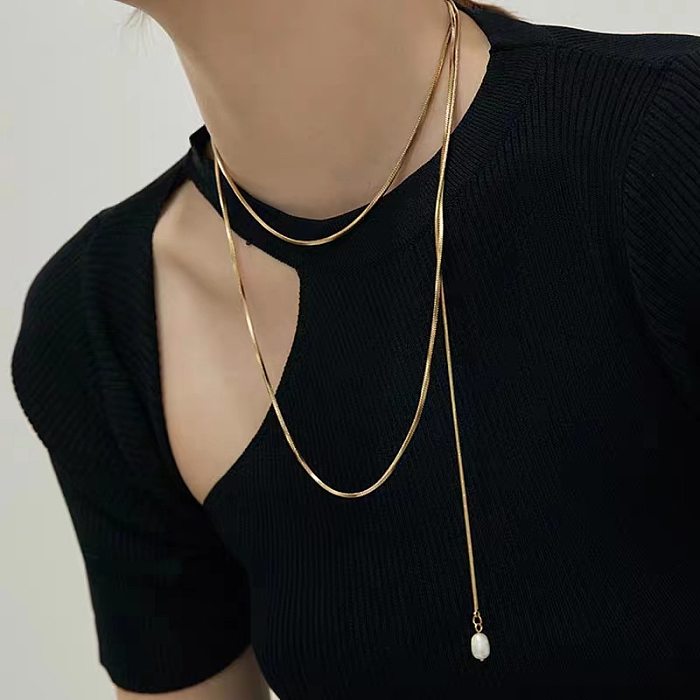 Simple Style Geometric Stainless Steel Inlay Artificial Pearls 18K Gold Plated Sweater Chain Long Necklace