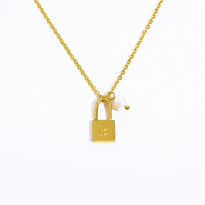 Lässiger schlichter Stil mit Buchstabenschloss, Edelstahl-Perlenbeschichtung, 18 Karat vergoldete Anhänger-Halskette