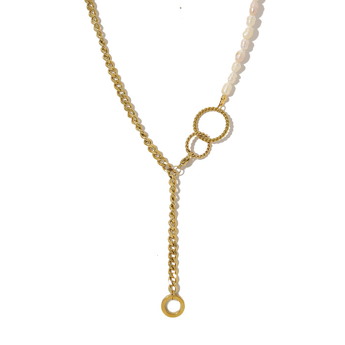 Collar chapado en oro de 14K con revestimiento de acero inoxidable y perlas barrocas geométricas de estilo simple