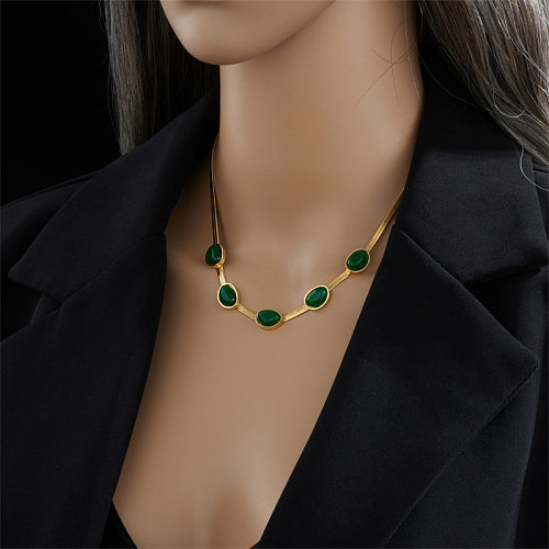 Retro Oval Stainless Steel Plating Inlay Artificial Gemstones 18K Gold Plated Necklace