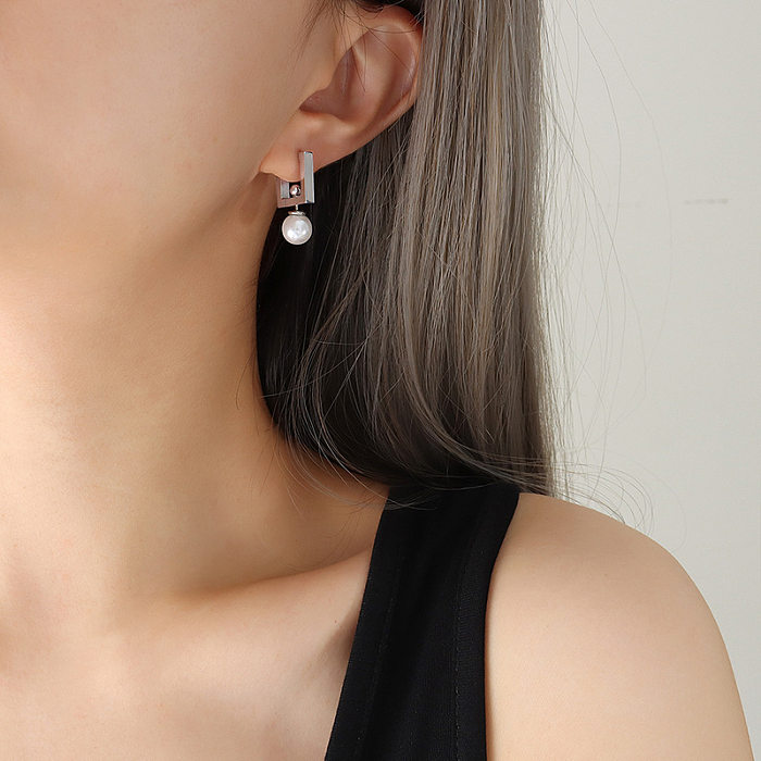 Boucles d'oreilles carrées en acier inoxydable, Style français, incrustation de perles artificielles, boucles d'oreilles en acier inoxydable