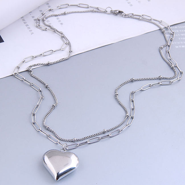 Wholesale Hip Hop Stainless Steel  Heart Double Layer Necklace jewelry