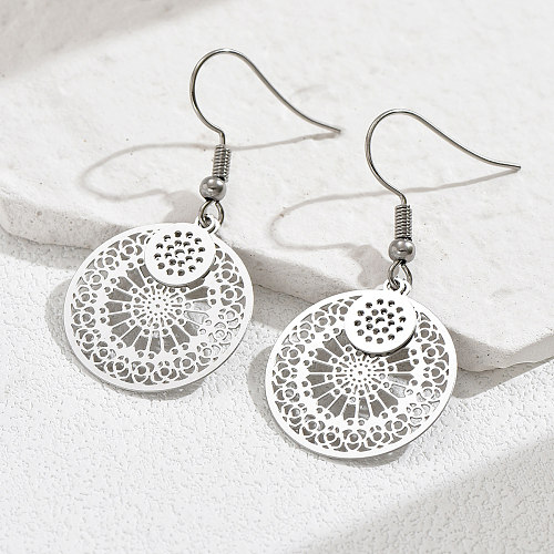 1 Pair Vintage Style Round Flower Stainless Steel  Hollow Out Drop Earrings